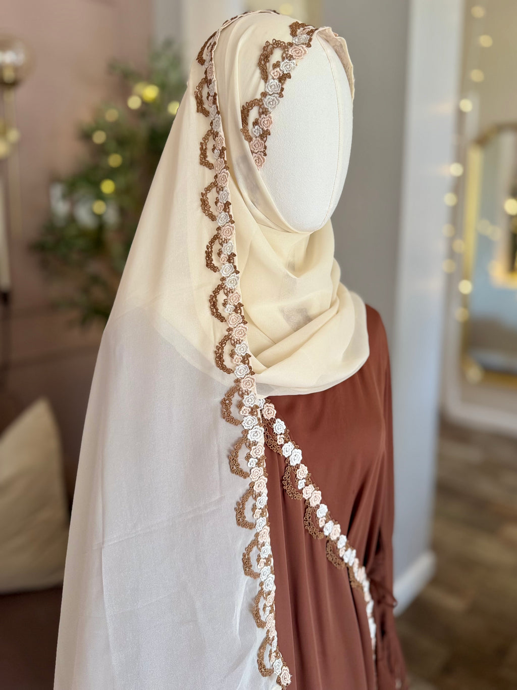 Lace Trim Hijab-Cream