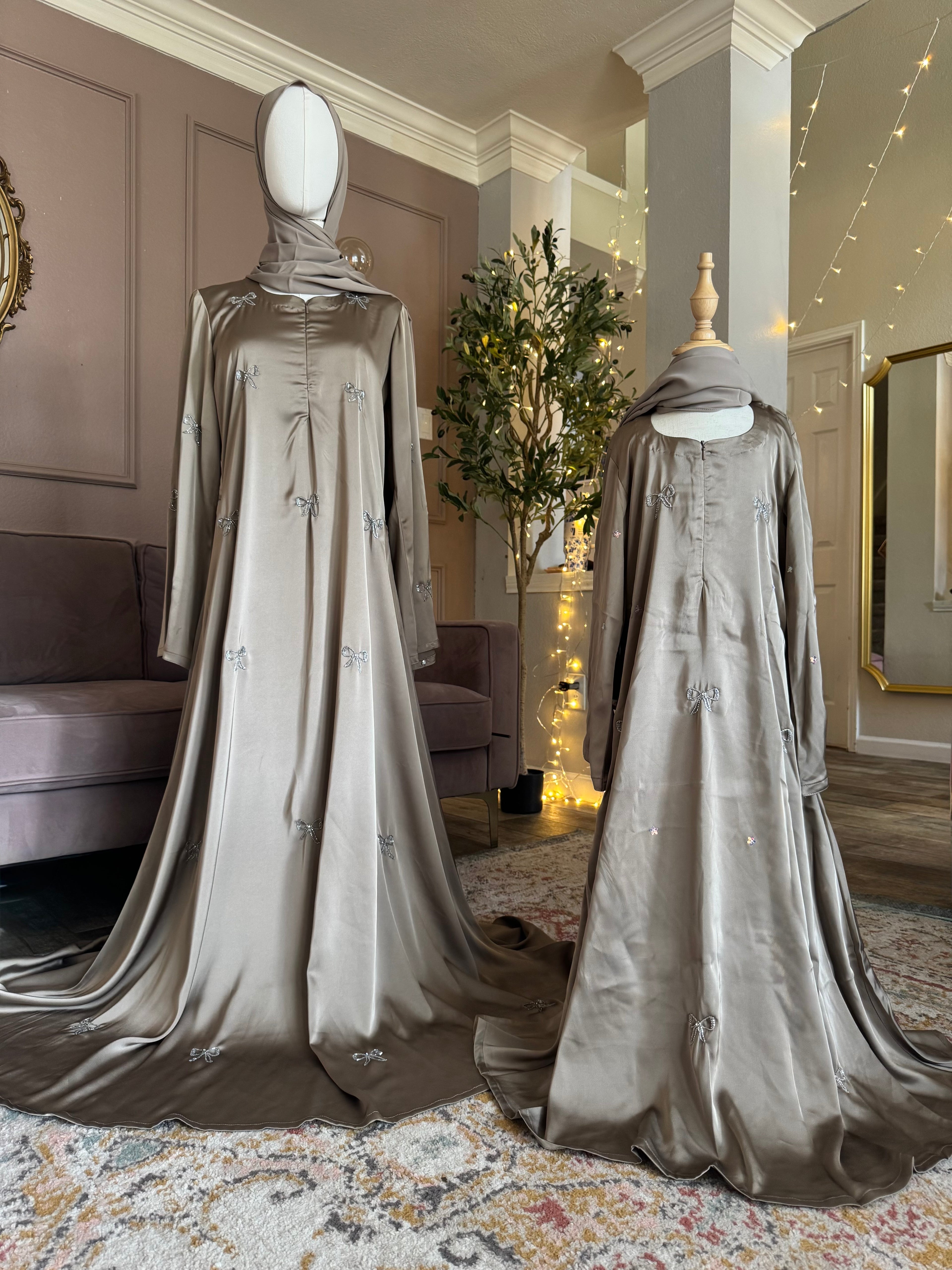Bow Beaded Abaya with Hijab-Mink
