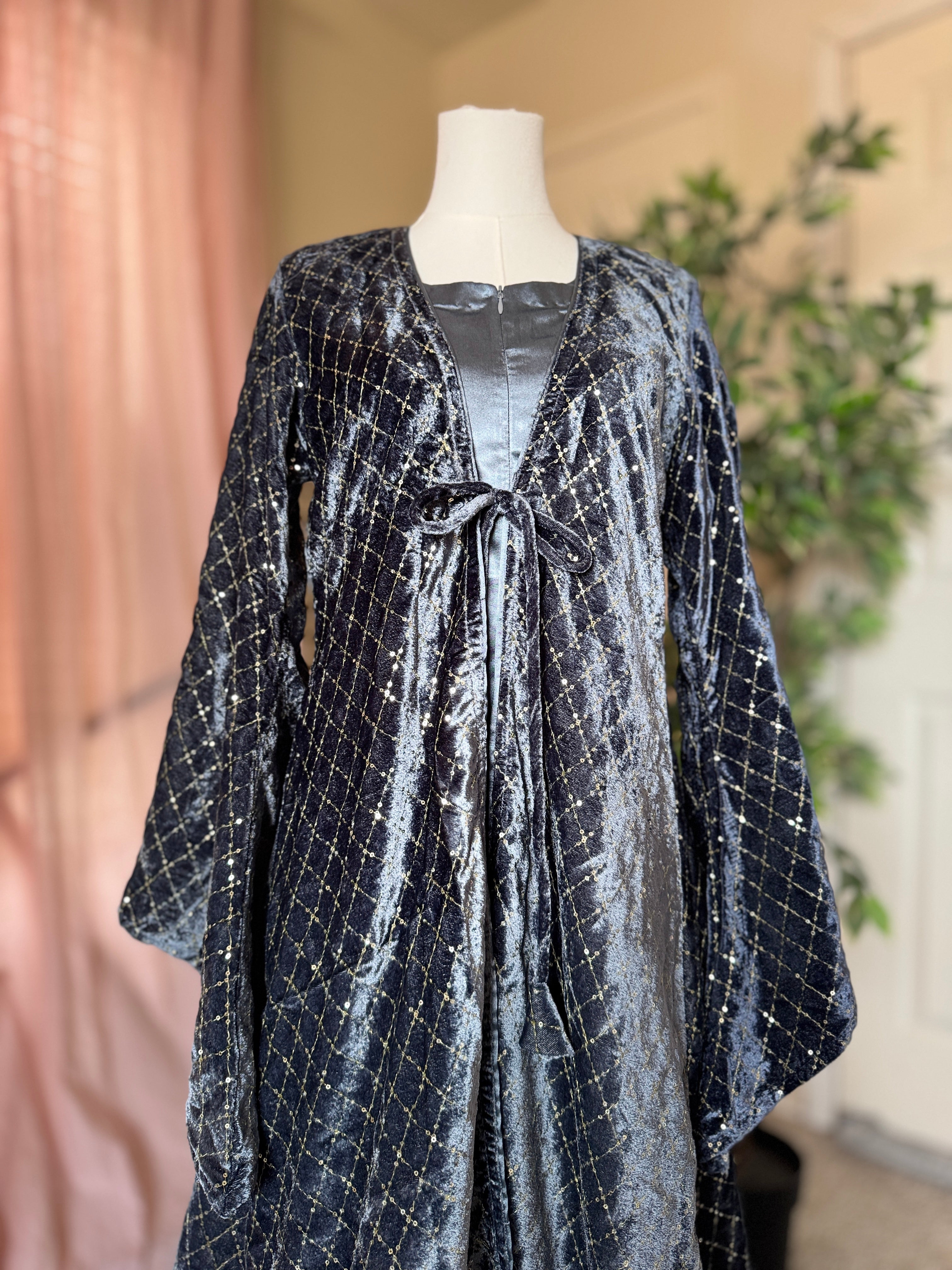 Velvet Two Piece Abaya-Sea Blue image 3