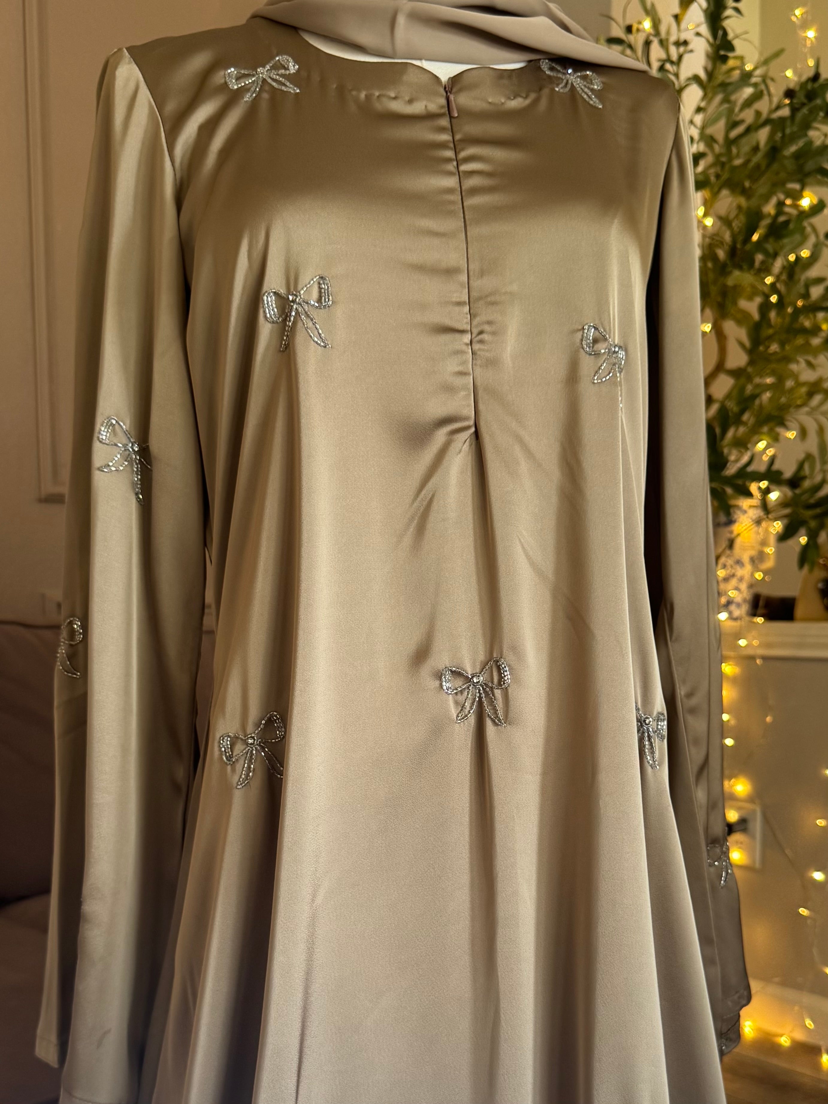 Bow Beaded Abaya with Hijab-Mink