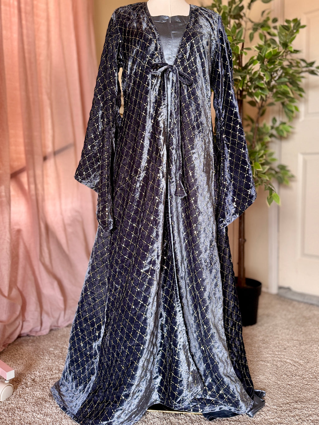 Velvet Two Piece Abaya-Sea Blue image 1