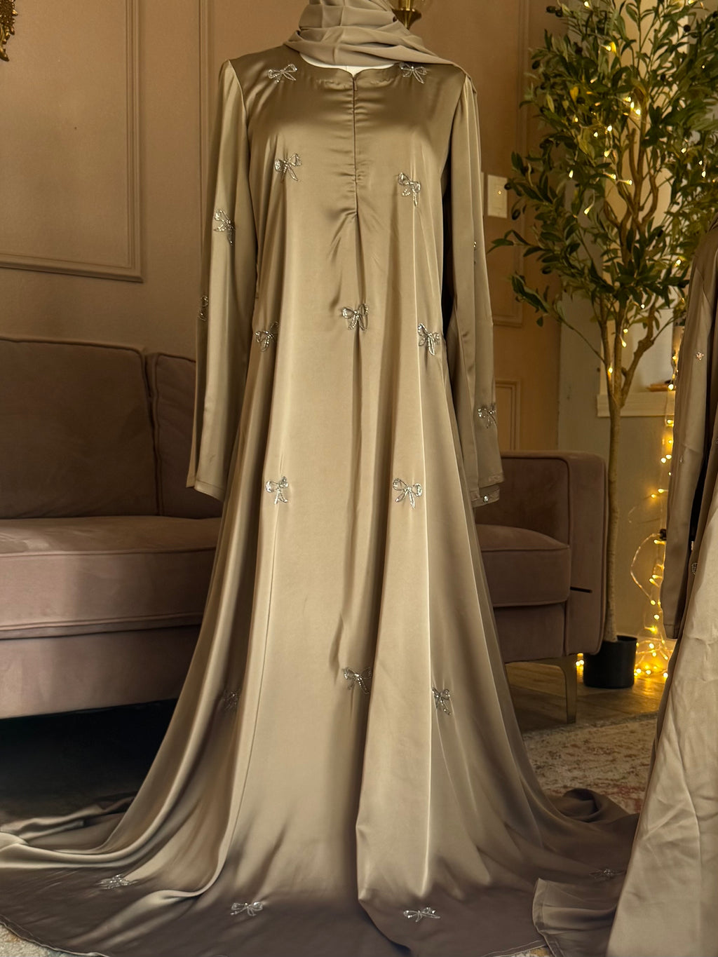 Bow Beaded Abaya with Hijab-Mink