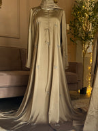 Bow Beaded Abaya with Hijab-Mink