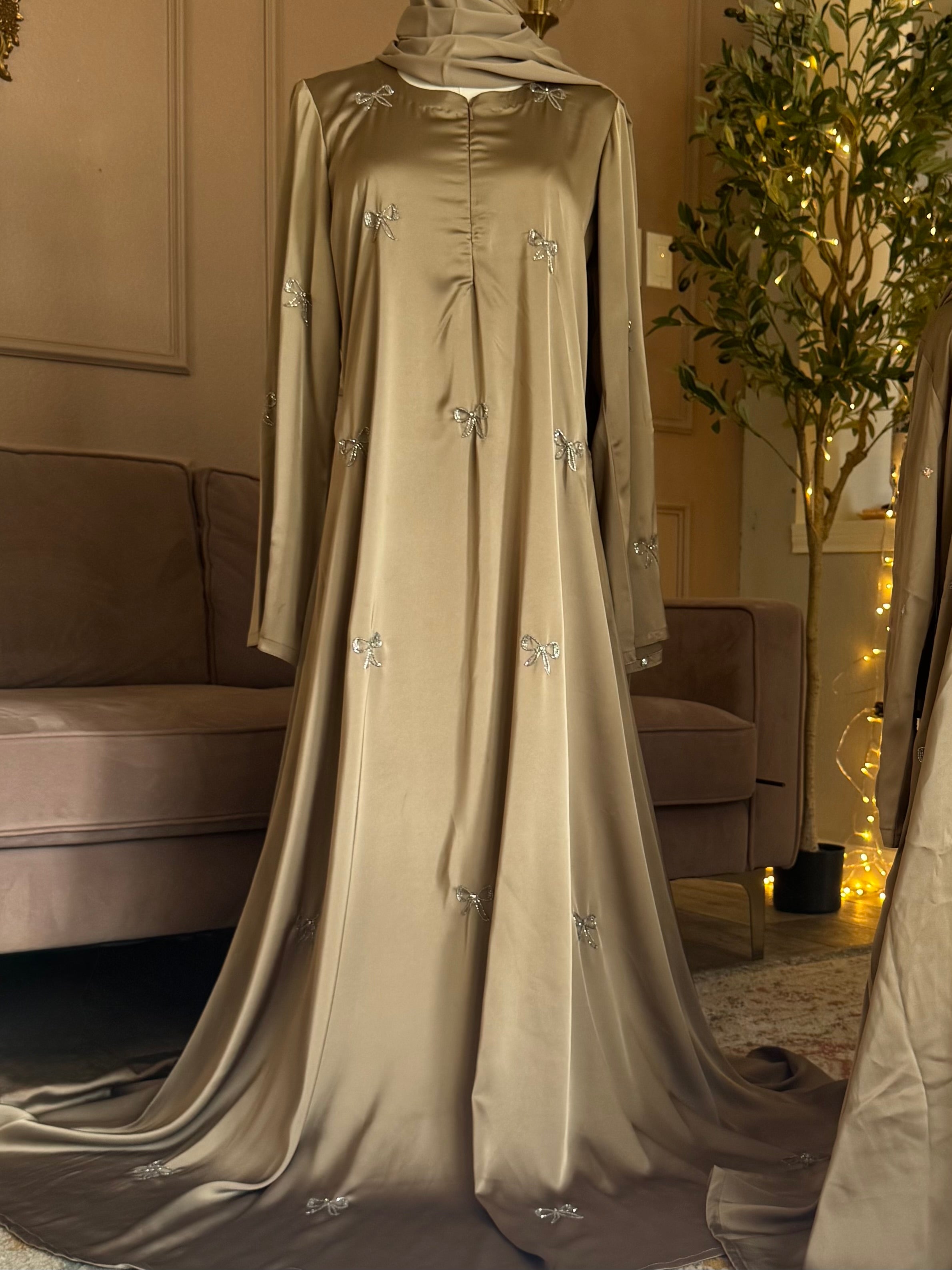 Bow Beaded Abaya with Hijab-Mink
