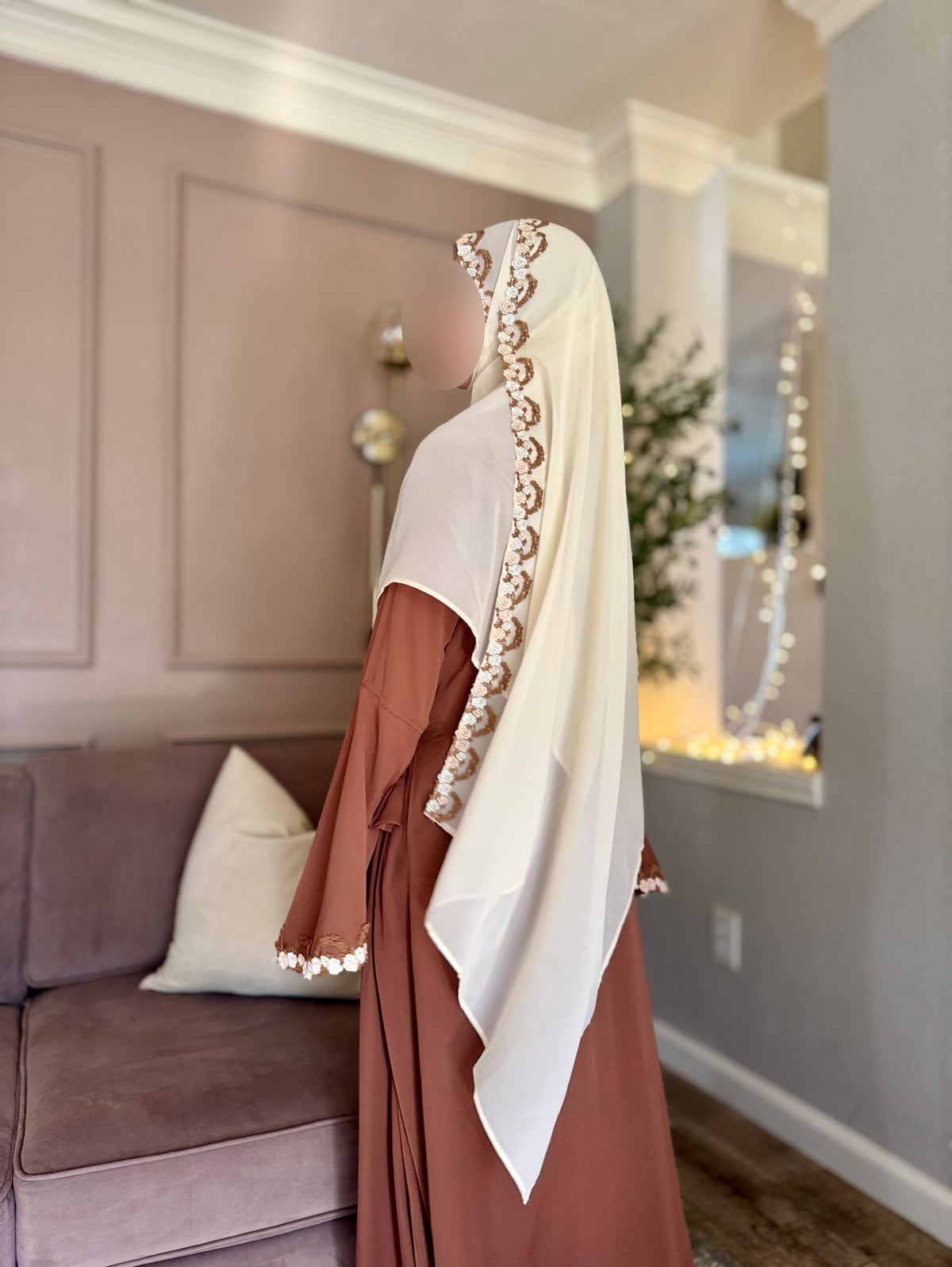 Lace Trim Hijab-Cream