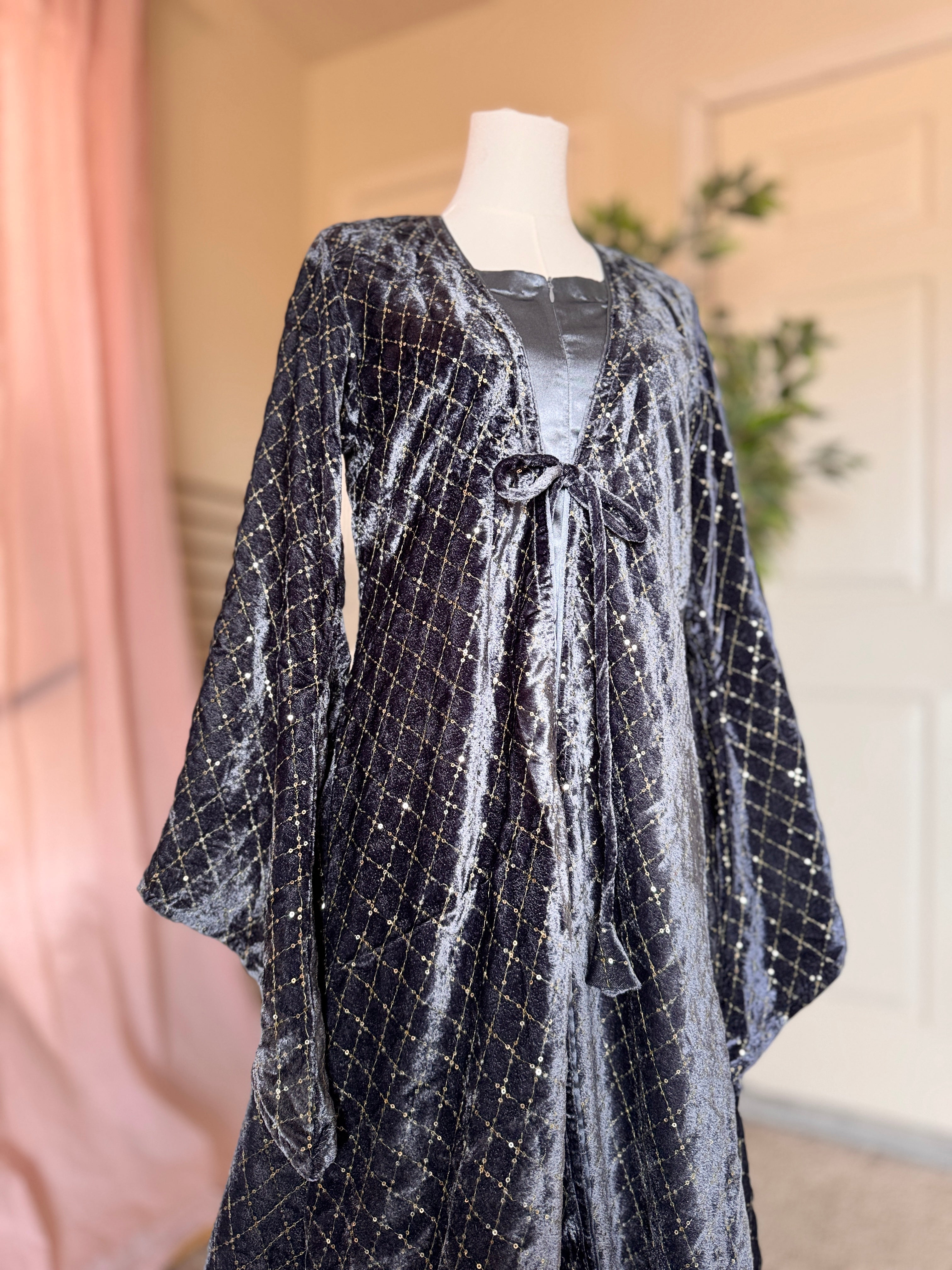 Velvet Two Piece Abaya-Sea Blue image 2