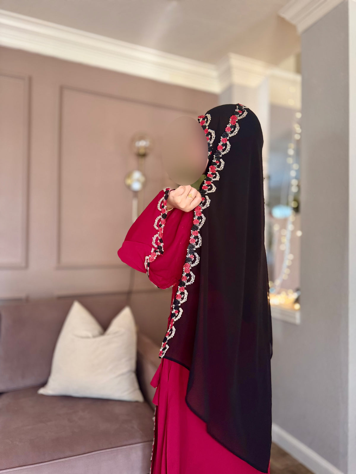 Lace Trim Chiffon Hijab-Black