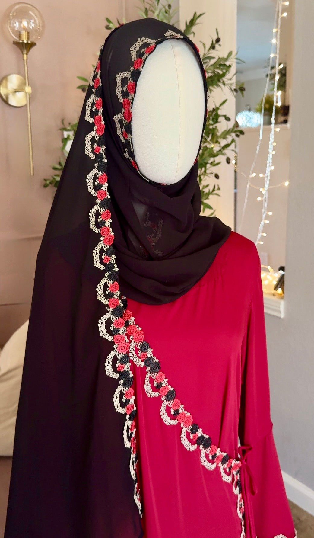 Lace Trim Chiffon Hijab-Black