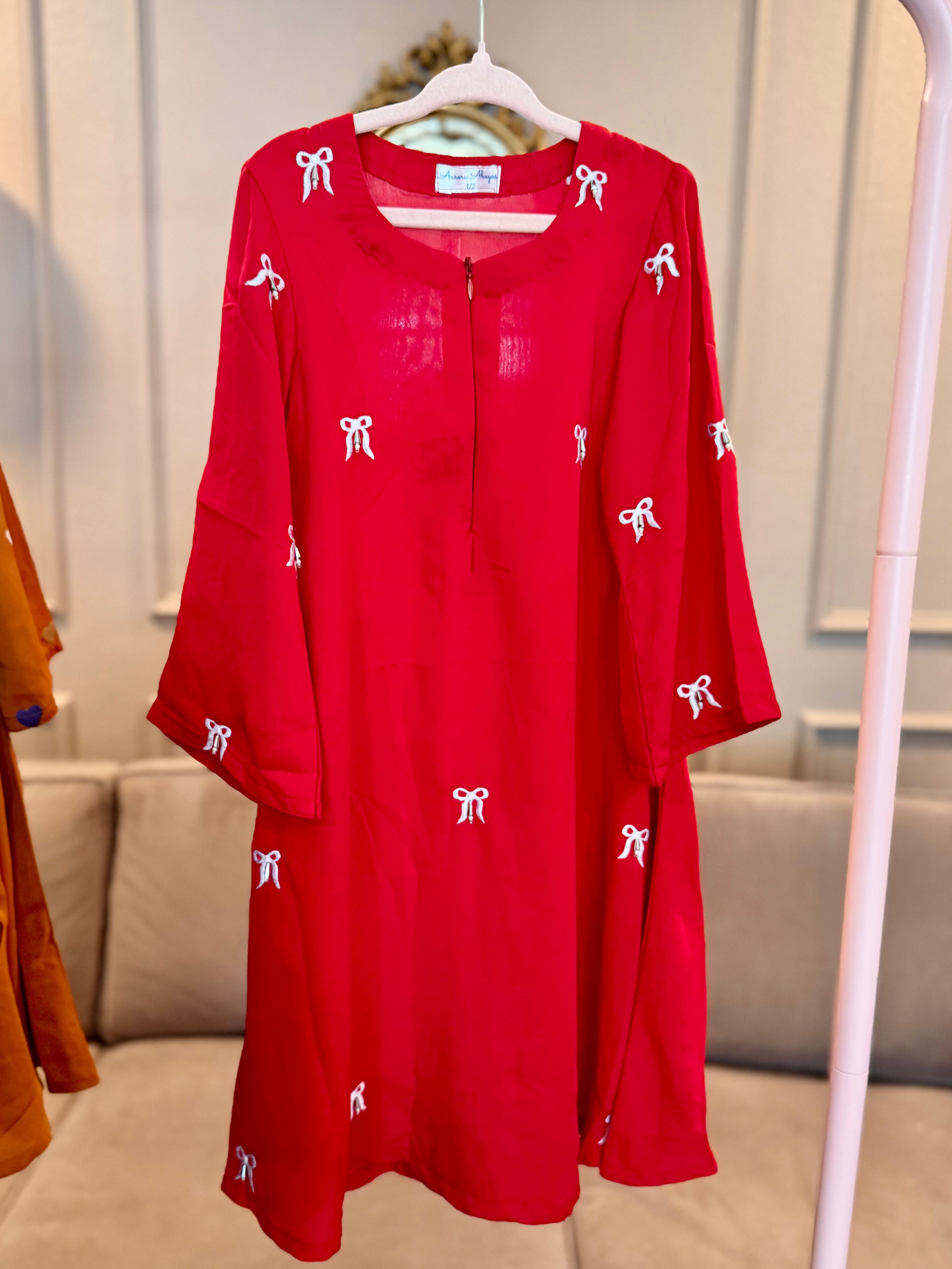 Kids Bow Embroidered Abaya Red image 0
